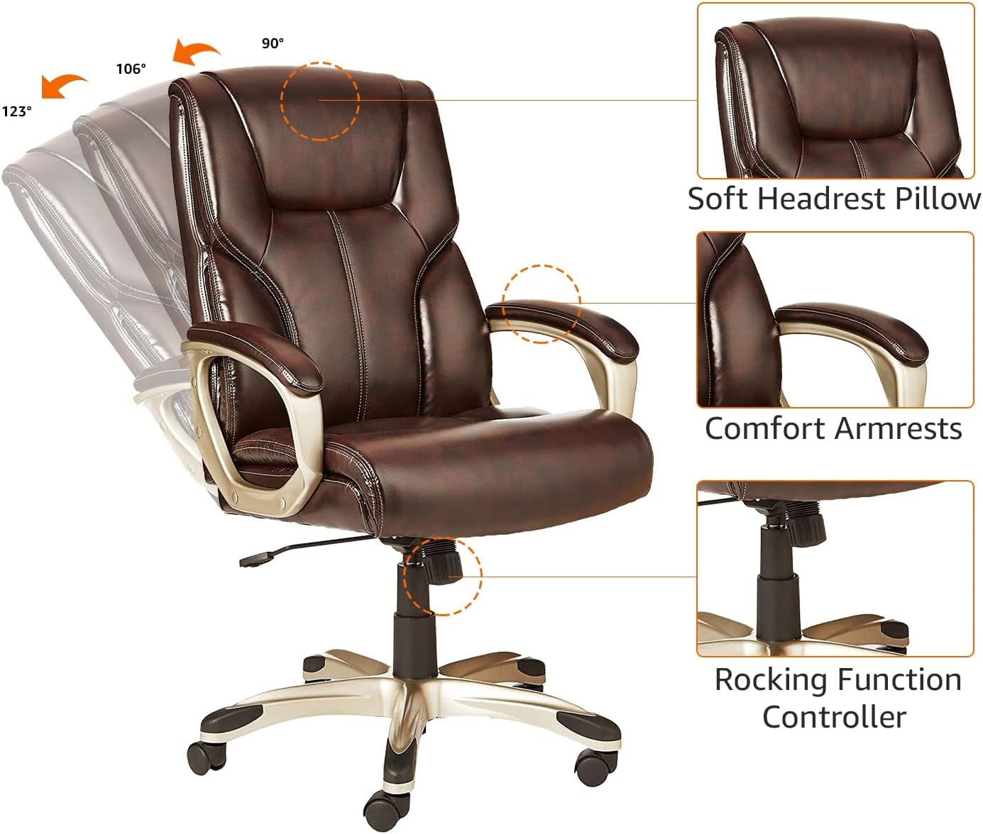 Executive High Back Office Desk Chair, Adjustable Height, Tilt, Swivel, One Size, Brown/Gold
