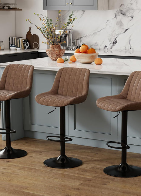 Set of 3 Adjustable Swivel Counter Height Bar Stools with Backrest, Modern Armless Design in Light Brown PU Leather