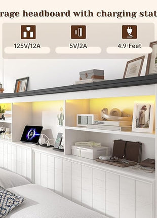 King Size Bed Frame with Headboard and Storage, Featuring 4 Drawers and Built-in LED Charging Station, Noise-Free Design, No Box Spring Required, White Farmhouse Style