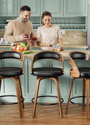 Set of 3 Counter Height Swivel Bar Stools, 26" with Bentwood Legs and Back, Mid-Century Modern Faux Leather Upholstery for Kitchen Island, Black
