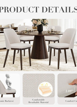 Set of 4 Modern Upholstered Dining Chairs with Back Support and Wooden Legs, Beige Fabric for Kitchen and Dining Room
