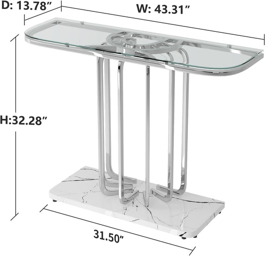 43" Modern Glass Console Table with Curved Chrome Frame & Faux Marble Base, Silver Narrow Sofa Table for Entryway, Living Room, Hallway, Home Office