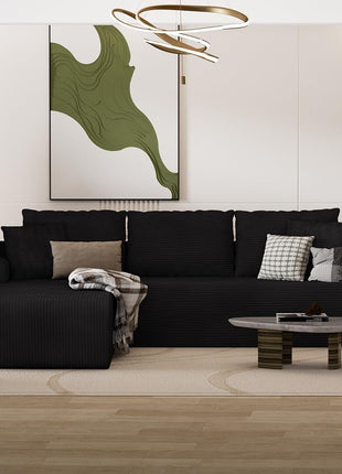 96-Inch L-Shaped Modular Sectional Sofa with Deep Seat Chaise | Boneless Cloud Couch in Soft Corduroy with Compressed Memory Foam | No Assembly Required | Ideal for Living Room, Apartment, or Bedroom | Black Finish