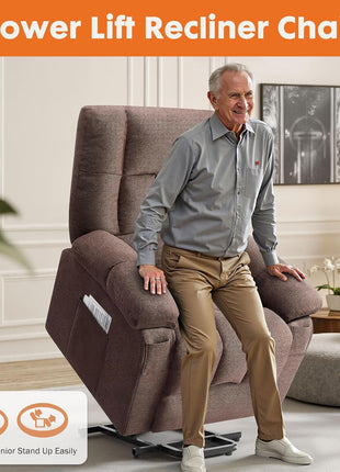 Ergonomic Power Lift Recliner Chair with Vibration Massage and Heat, Overstuffed Breathable Fabric, Side Pockets, and Remote Control for Living Room and Bedroom, Brown