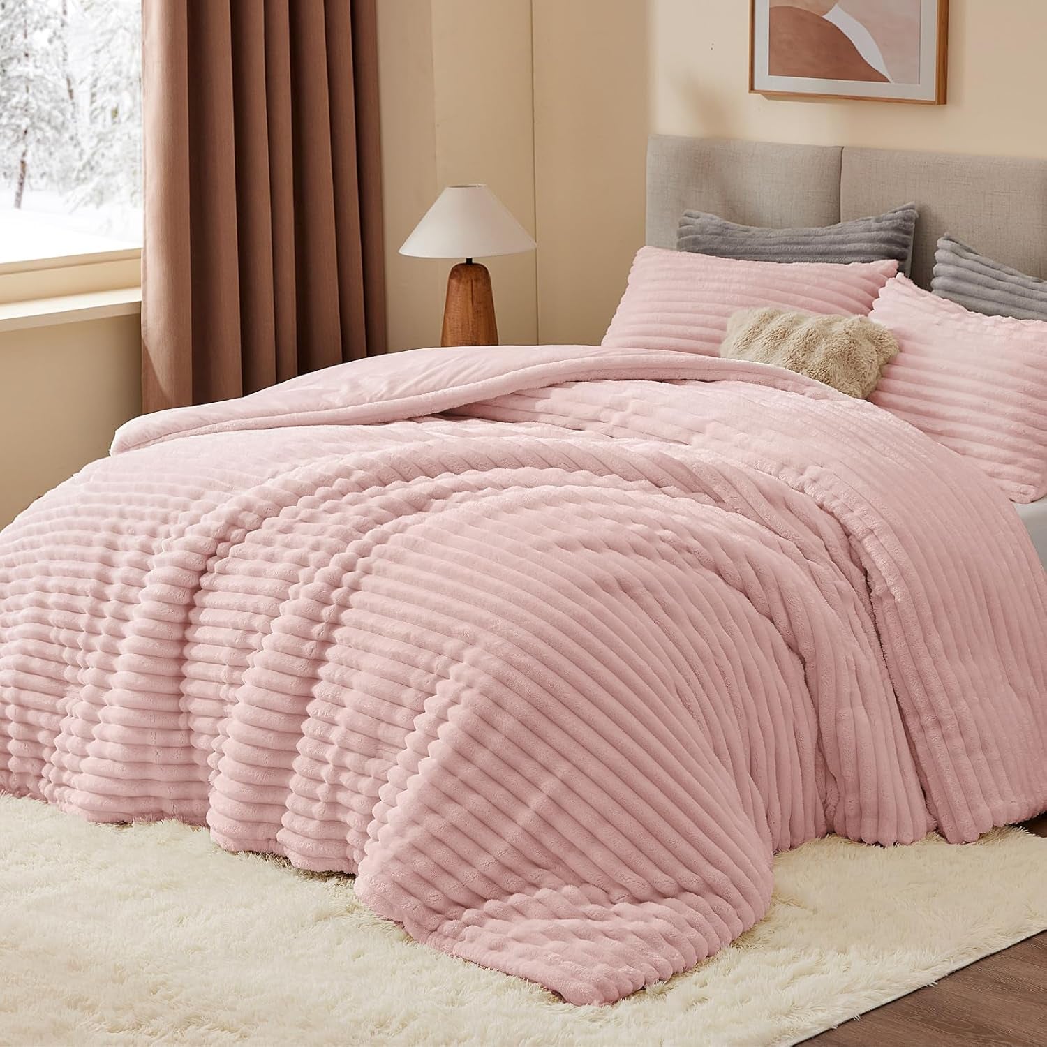 Fleece Queen Comforter Set -Super Soft & Warm Fluffy Pink Bedding, Luxury Fuzzy Heavy Bed Set for Winter with 2 Pillow Cases