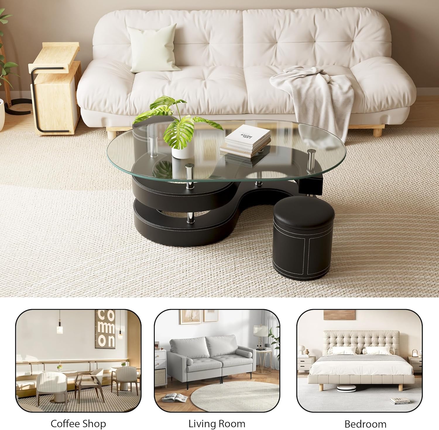 Oval Glass Coffee Table Set of 3, 0.39" Tempered Glass Top and S Shape Base, Modern Coffee Table with 2 Leather Stools, Accent Coffee Table for Living Room Bedroom, Black