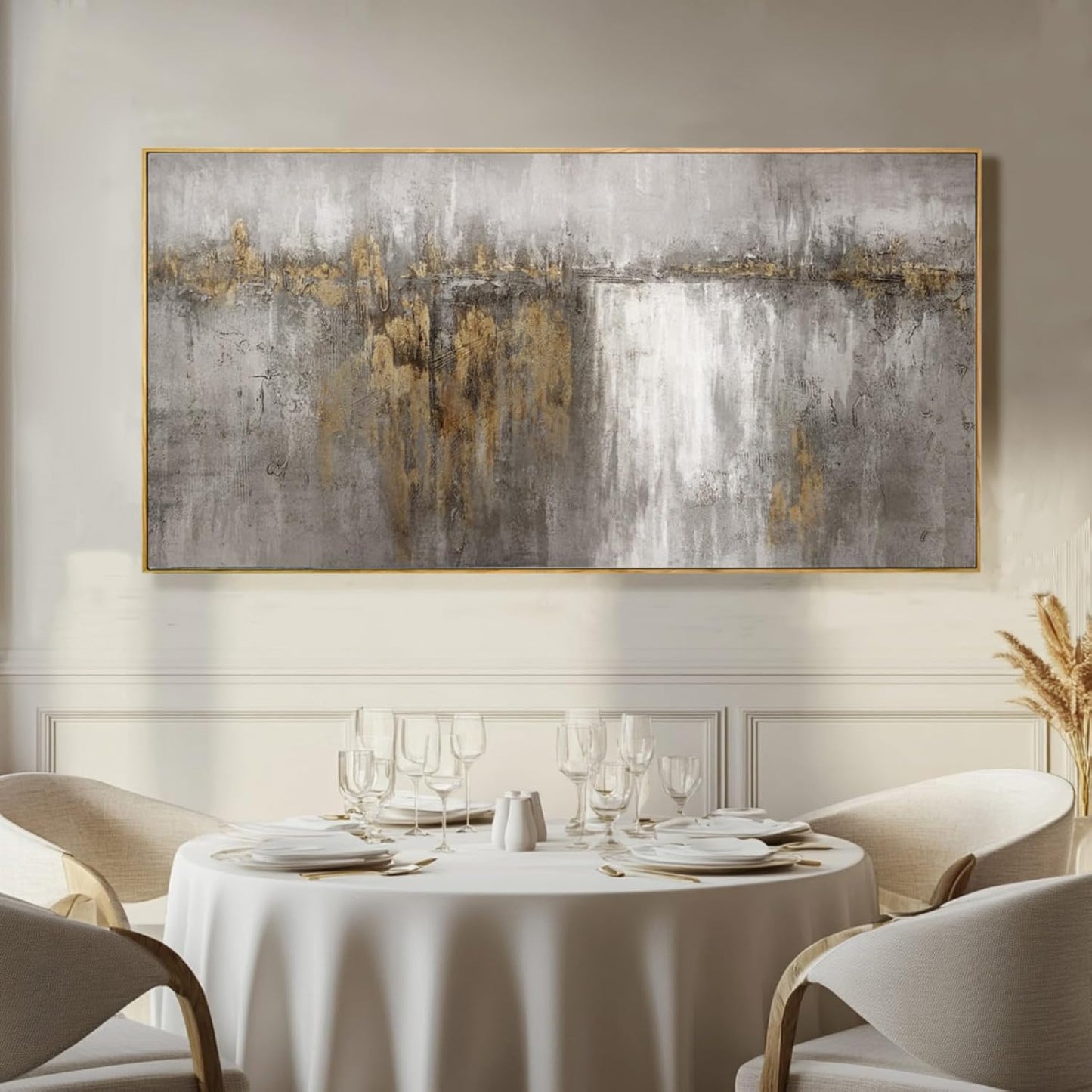 White and Gold Artwork for Walls Abstract Framed Poster Print 24"X48" Canvas Wall Art for Bedroom Neutral Artwork Decor for Office