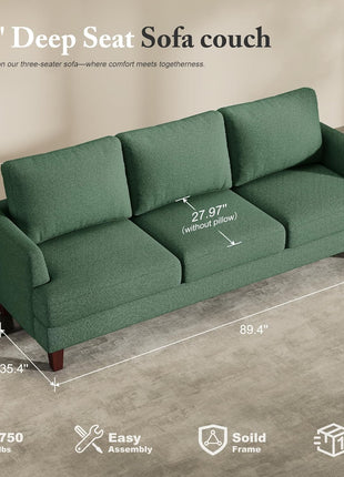 89-Inch Mid-Century Modern 3-Seater Upholstered Sofa with Deep Seats and Armrests for Living Room, Bedroom, Apartment, and Office (Green)