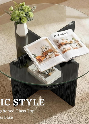 Contemporary Round Coffee Table with Dual-Tier Glass Design and Storage, Versatile Centerpiece for Living Room, Office, and Lounge, Black