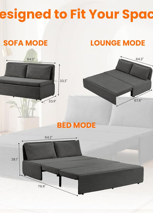 Elegant 3-in-1 Queen Size Pull-Out Sofa Bed - Plush Corduroy Couch with Tri-Fold Mattress and Pillows for Compact Living - Dark Grey