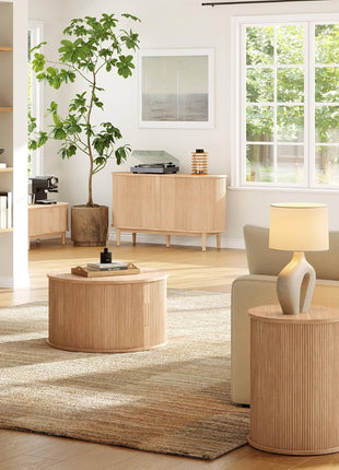 Round Fluted End Table with Sliding Tambour Door and Storage Shelf, Modern Mid-Century Nightstand in Oak Finish for Living Room and Bedroom