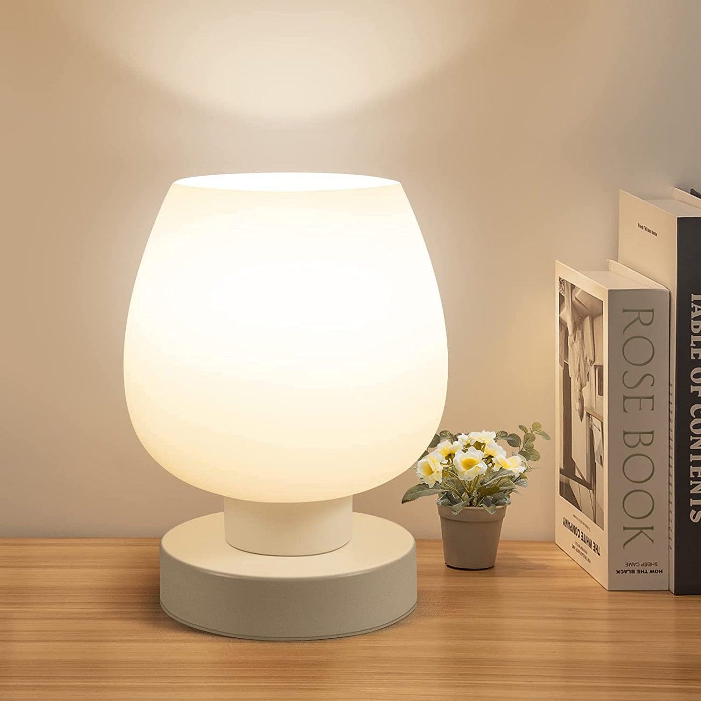 Touch Bedside Table Lamp - Modern Small Lamp for Bedroom Living Room Nightstand, Desk Lamp with White Opal Glass Lamp Shade, Warm LED Bulb, 3 Way Dimmable, Simple Design