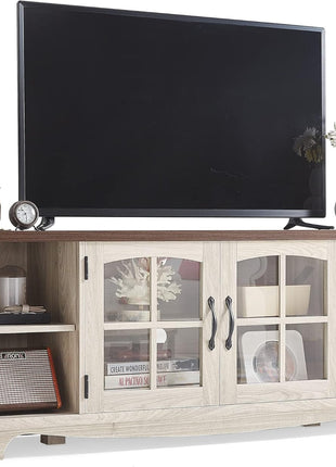 Farmhouse-Style TV Stand for 65-Inch Televisions, Wooden Entertainment Center with Glass Door Storage and Adjustable Shelves, Sturdy TV Console for Living Room and Bedroom
