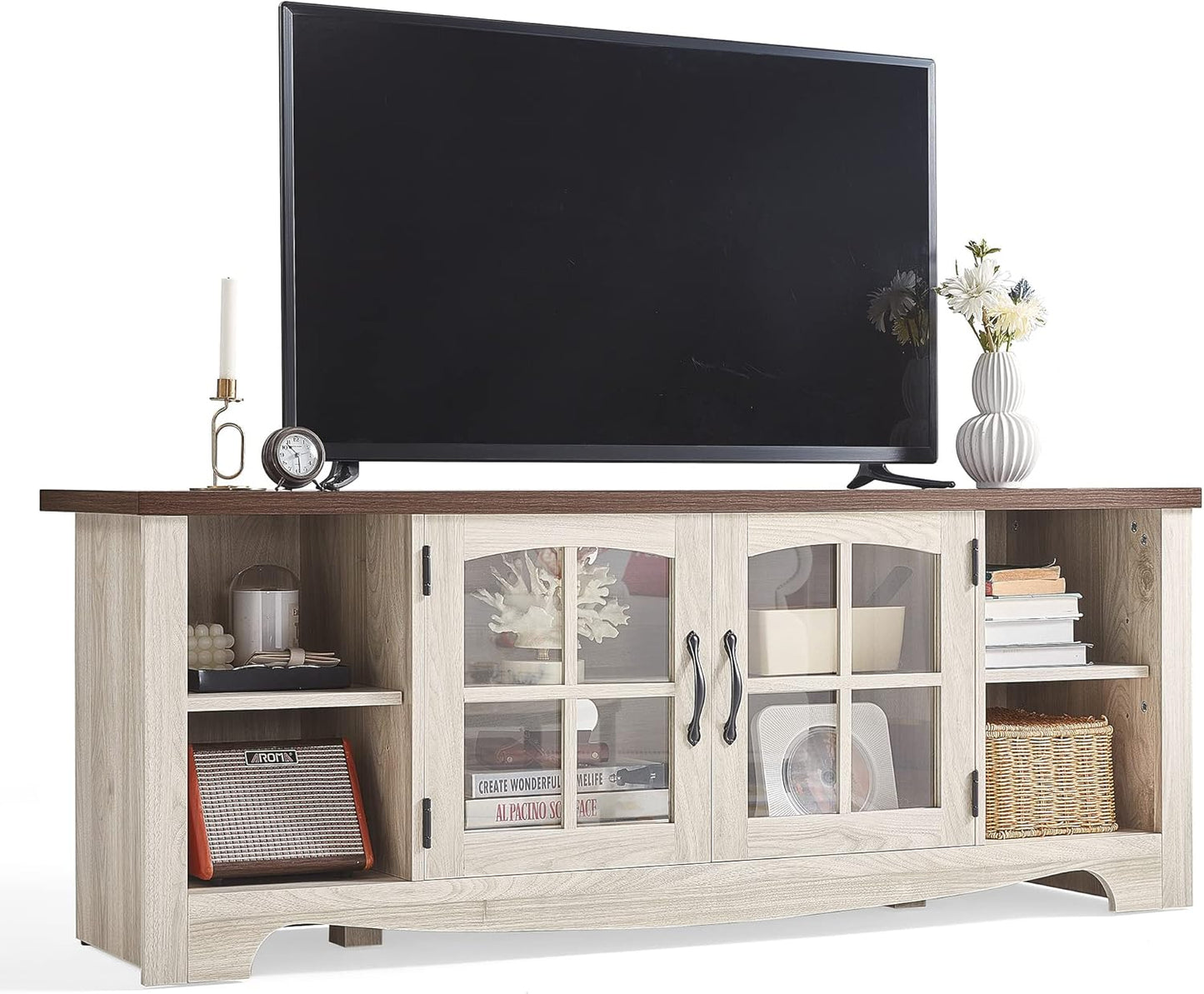 Farmhouse TV Stand for 65 Inch TV, Wood Entertainment Center with Glass Door Storage Cabinet & Adjustable Shelves, Large Sturdy TV Console Table for Living Room Bedroom