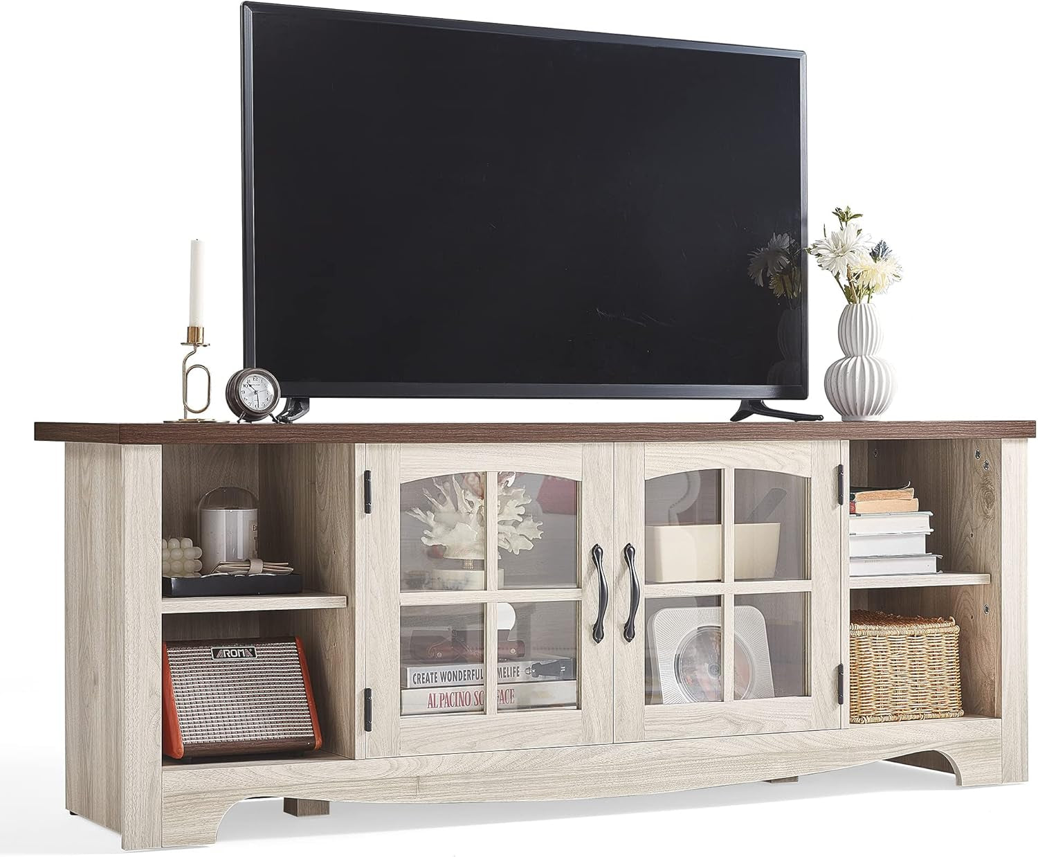 Farmhouse TV Stand for 65 Inch TV, Wood Entertainment Center with Glass Door Storage Cabinet & Adjustable Shelves, Large Sturdy TV Console Table for Living Room Bedroom