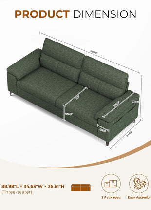 Contemporary Chenille Loveseat with 8-Inch Comfort Cushions, Convertible Armrests, Removable Cover, and Elevated Legs (Green) - 88.97 Inches