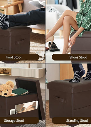Foldable Leather Storage Ottoman with Padded Seat - Multi-functional Foot Rest and Storage Bench for Living Room and Bedroom, Supports Up to 350 lbs, Dimensions: 17x13x13 inches, Brown