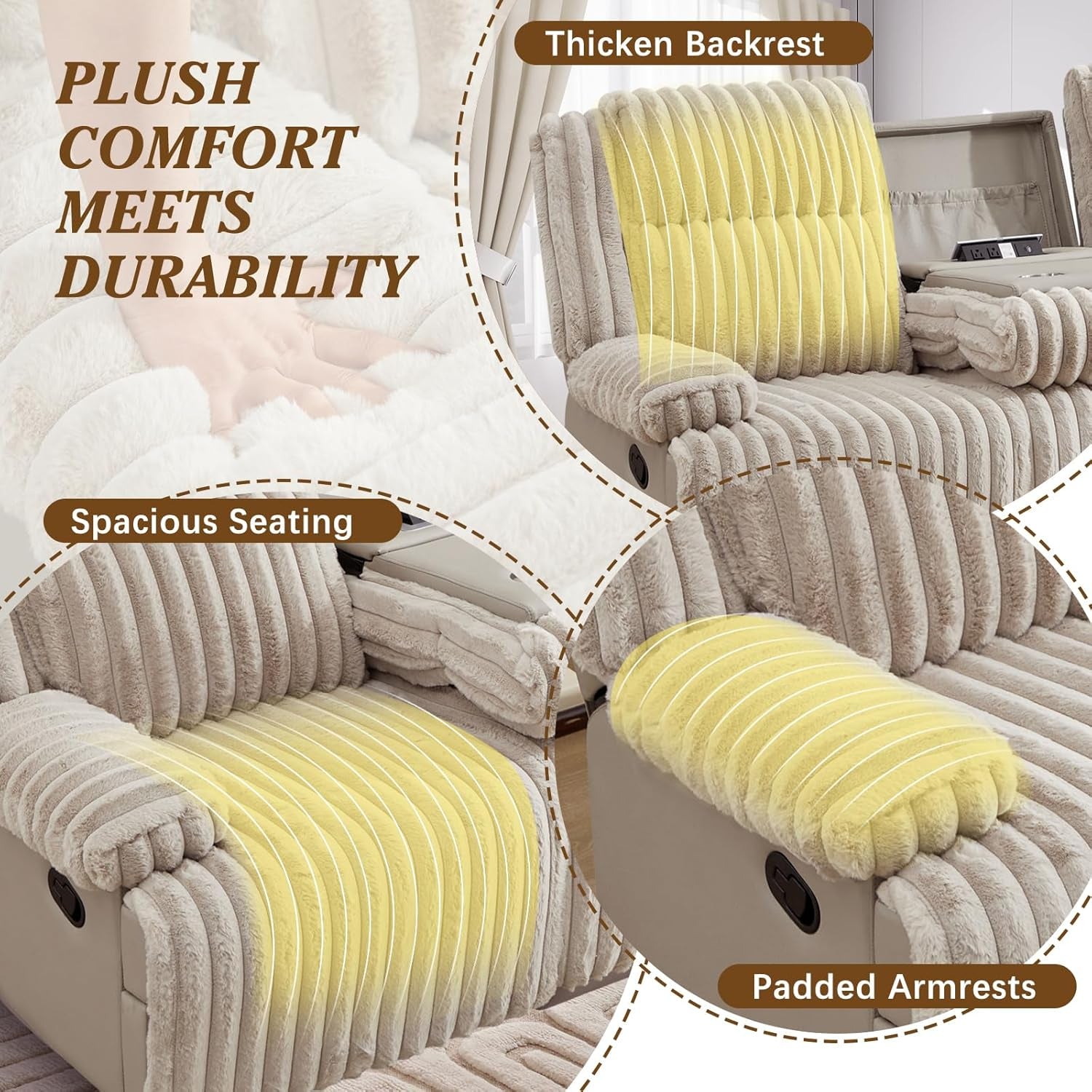 Oversized Reclining Sofa with Flip-Up Middle Backrest, Manual 3 Seater Recliner Sofa, Wall Hugger Recliner Couch with Outlets/Usb Ports for Living Room, Bedroom(Beige, Sofa)