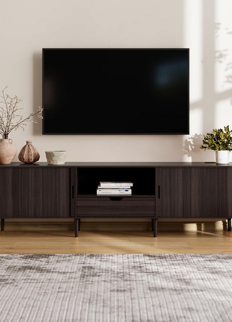 86.6-Inch Mid-Century Modern Fluted TV Stand with Power Outlet for TVs up to 90", Adjustable Shelves, and Sliding Door in Dark Walnut Finish