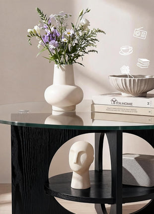 Contemporary Round Coffee Table with Dual-Tier Glass Design and Storage, Versatile Centerpiece for Living Room, Office, and Lounge, Black