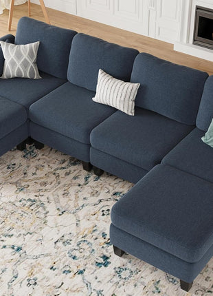 Elegant Blue Modular Sectional Sofa - 6-Seat Convertible Sleeper Couch with Ottomans for Enhanced Comfort in Your Living Room