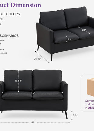 Mid-Century Modern Faux Leather Loveseat Sofa for Compact Spaces with Two Pillows, Perfect for Living Room, Bedroom, Apartment, Office, or Dorm (Black)