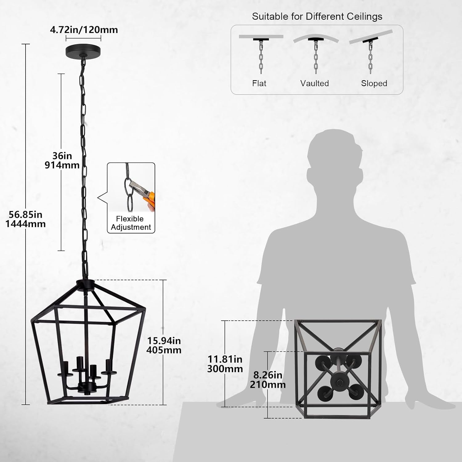 4 Light Chandelier, Industrial Ceiling Light Black Lantern Light Fixtures with Farmhouse Metal Cage Adjustable Height Rustic Geometric Hanging Light E12 Base for Kitchen Island, Entryway, Indoor