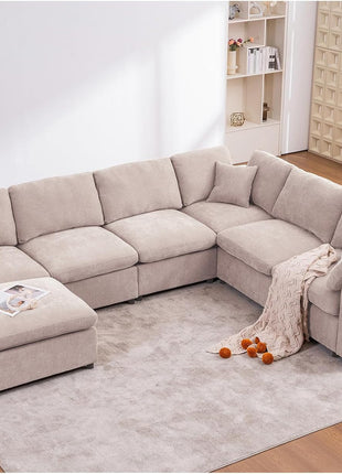 Oversized Modular U-Shaped Sectional Sofa with Ottoman - 7-Seater Modern Corner Couch in Beige Chenille for Living Rooms and Offices