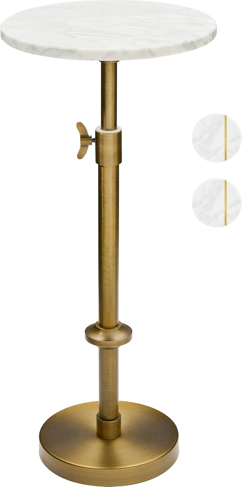 Adjustable-Height Marble Drink Table - 10X10X22-30, White Marble & Antique Brass, Modern round End Table, Side Table with Pedestal Stand for Small Spaces, Vintage Metal Martini Cocktail Accent