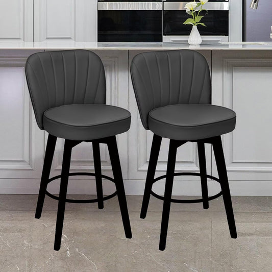 Bar Stools Set of 2, PU Leather Barstools, 26 Inch Upholstered Counter Stools with Backrest and Footrest, Swivel Counter Height Barstools for Kitchen Island Home Bar Dark Gray