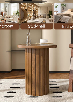 Farmhouse Round Pedestal End Table with Fluted Panel - Rustic Walnut Side Table for Compact Living Areas