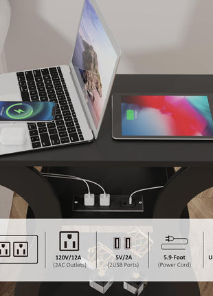 Black End Table Set of Two with Integrated Charging Station, USB Ports, and Outlets, 3-Tier Nightstand with Storage Shelf for Living Room and Bedroom
