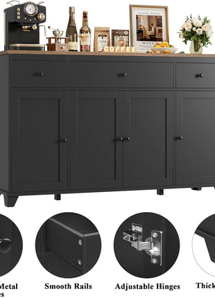 55-Inch Farmhouse Buffet Cabinet with Storage Drawers and Shelves - Versatile Wood Sideboard for Kitchen, Dining, and Living Room in Black