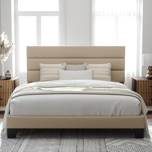 King Size Platform Bed Frame with Fabric Upholstered Headboard and Wooden Slats Support, Fully Upholstered Mattress Foundation/No Box Spring Needed/Easy Assembly, Beige