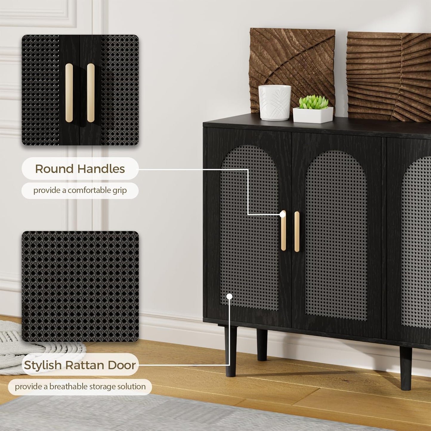 Modern Rattan-Door Sideboard Cabinet – 4-Door Credenza Buffet with Ample Storage, Large Accent Cabinet for Entryway, Living Room, Dining Room & Kitchen, Black & Grey