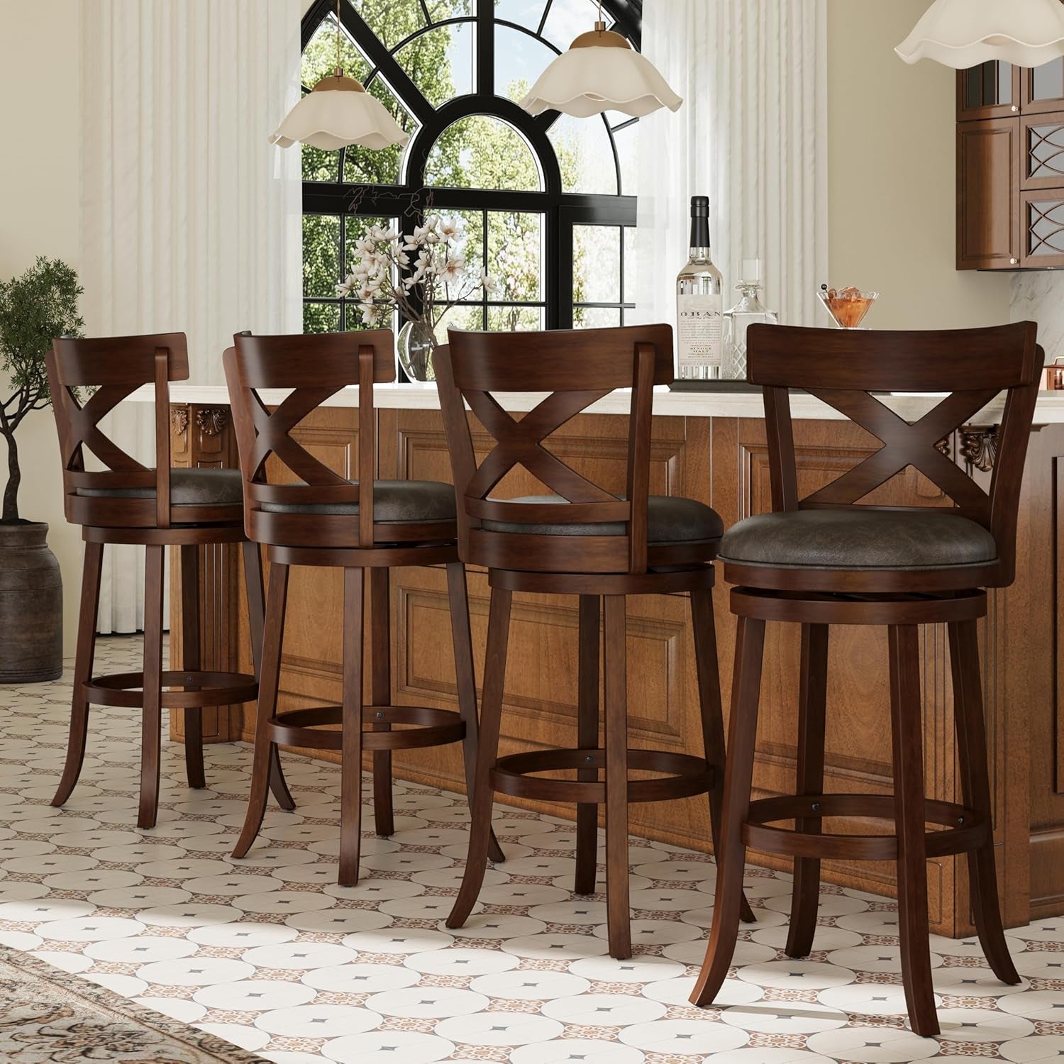 30 Inch Bar Height Stools Set of 4,Swivel Wooden Barstools Tall Upholstered Faux Leather Barstool with Back,Vintage Bar Height Chairs,Dark Brown Kitchen Stools