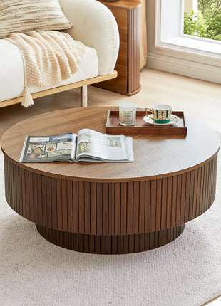 33-Inch Round Coffee Table with Lift-Top and Flip-Top Storage, Modern Fluted Design, Metal Frame, Wooden Center Table for Living Room, Small Spaces, Apartments, and Offices (Walnut)