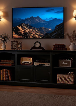 71-Inch Contemporary Farmhouse TV Stand for TVs up to 80 Inches with Arched Cabinet Doors and Adjustable Open Storage Shelves, Media Console Table for Living Room in Black