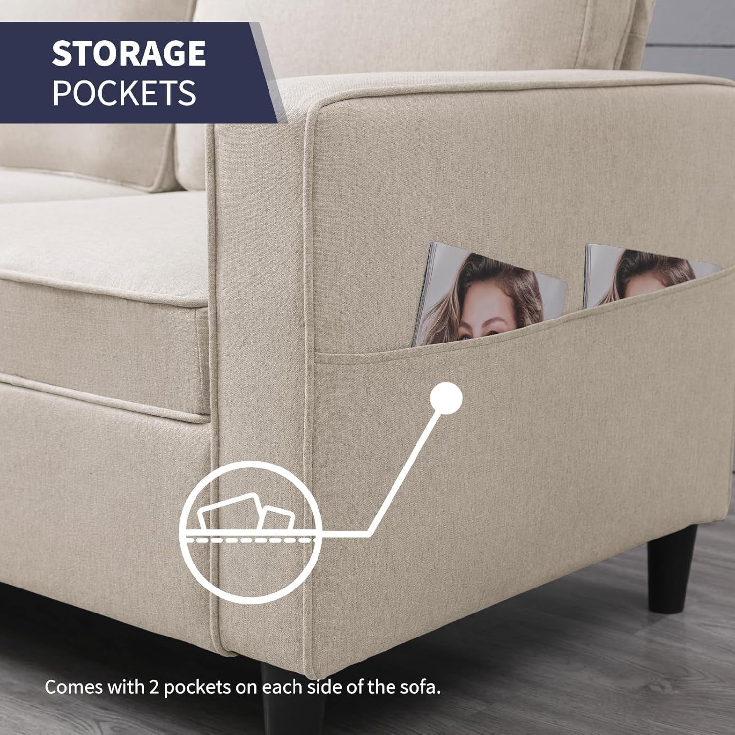 3PCS Sectional Sofa Set W/Ottoman,Modern Linen 6 Seater Couch Set with Movable Storage Ottoman & Side Pockets,3 Seat L Shaped Couch Loveseat and Armchair Living Room Furniture(3+2+1Seat/Beige)