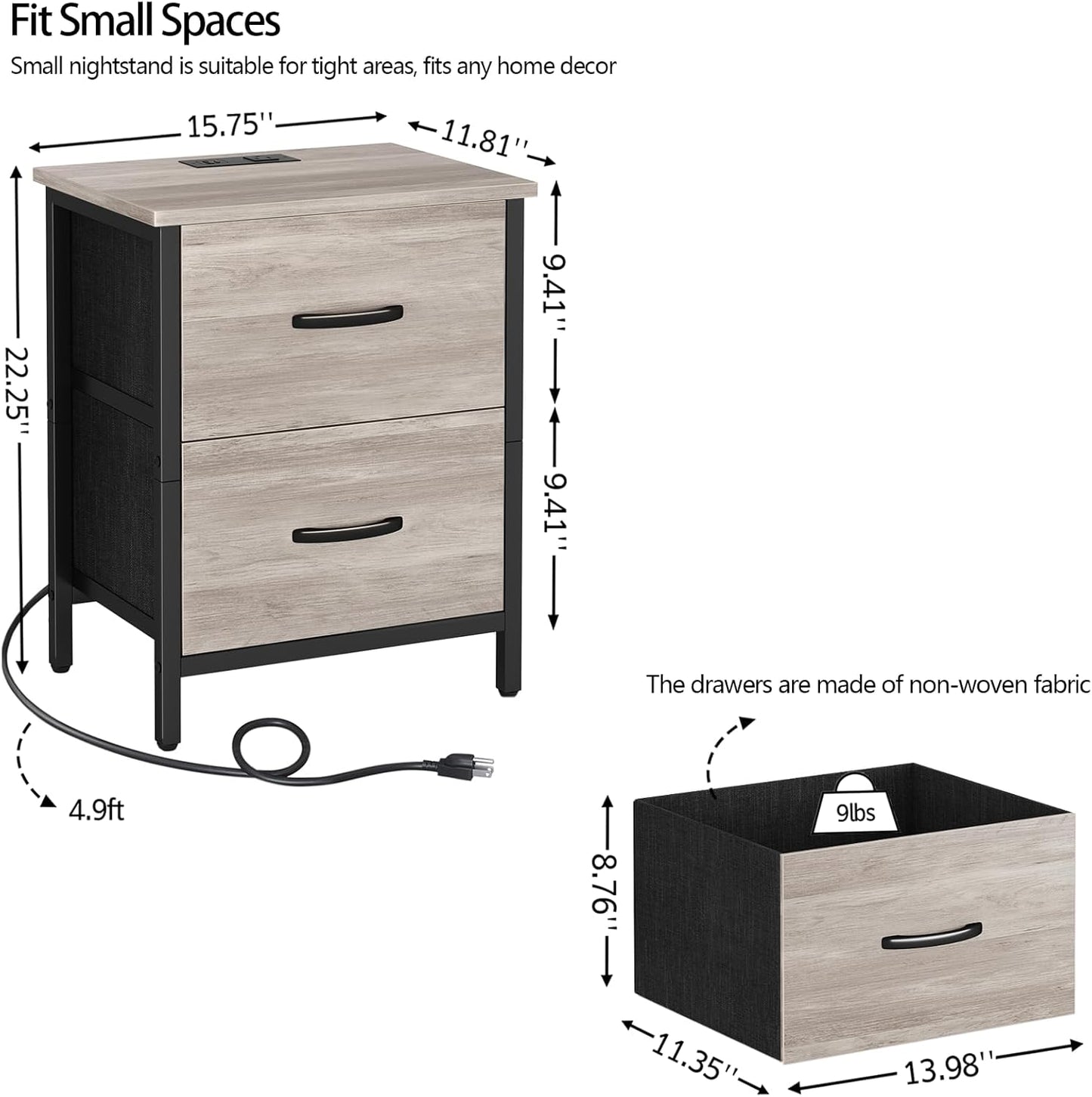 Nightstand Set of 2 with Charging Station, End Table Bedside Table with Power Outlet & USB Ports, Side Table with 2 Fabric Drawers for Bedroom, Living Room, Greige
