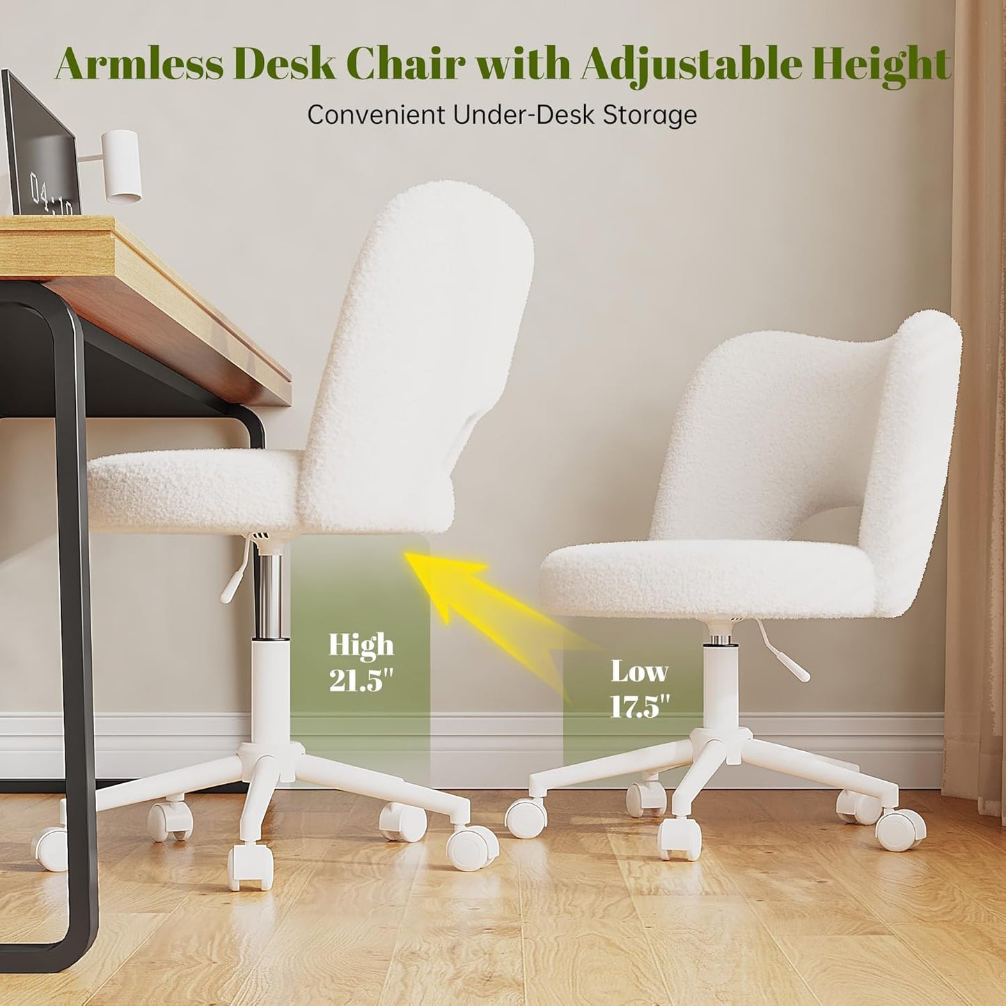 Vanity Chair with Wheels Armless, White Vanity Chair with Back,Ultra-Plush Fleece Cute Desk Chair, Small Office Chair Height Adjustable,For Make-Up Room,Bedroom