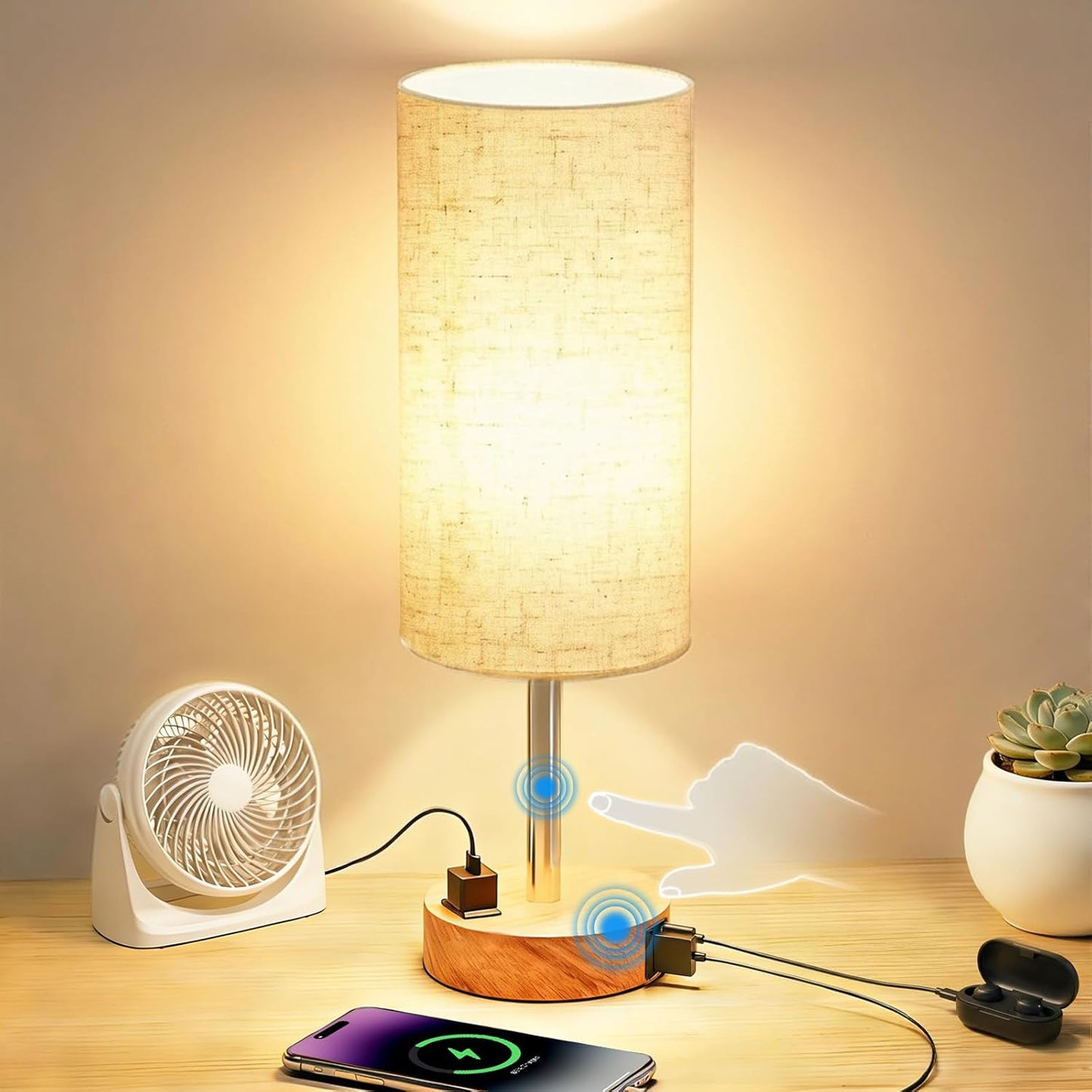 Bedside Table Lamp, High-Sensitivity Touch, 3-Level Dimmable Nightstand Lamp with AC Outlet | USB | and USB-C, Ideal Desk Lamp for Bedside, Bedroom, Reading, Living Room(Led Bulb) (Warm)
