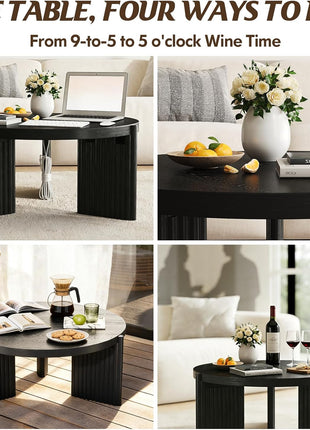 27.5" Mid-Century Modern Round Black Coffee Table with Fluted Wood Design and Ribbed Base, Perfect for Small Spaces and Easy Assembly