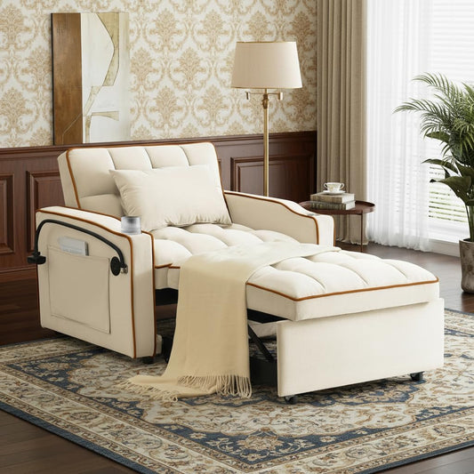 Convertible Sleeper Chair, Pull Out Chair Sleeper with Bracket and Cup Holder, Chairs Bed Sleepers for Adults, 3 in 1 Sofa Bed Chairs for Small Spaces, Living Room, Creamy White