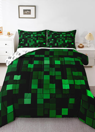 Pixelated Miners Full Size Comforter Set for Kids, Geometric Check Video Game Bedding, Gamepad Camo Grid Quilt with 2 Pillowcases, Black and Green Bedroom Decor