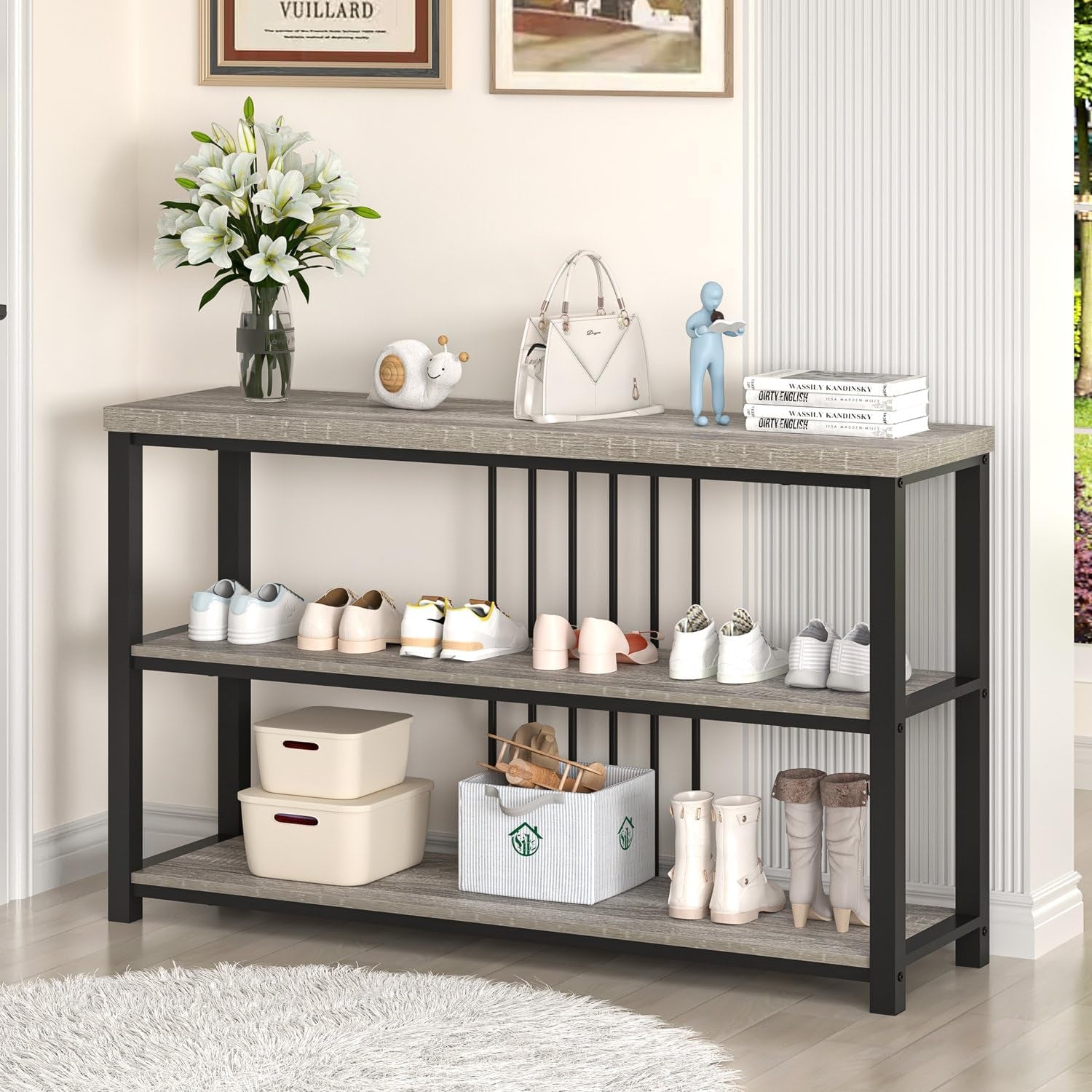 Console Tables for Entryway, Sofa Table with 3 Tier Storage for Living Room Hallway Foyer behind Couch, Rustic Light Grey