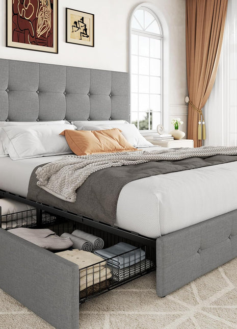 Queen Size Upholstered Platform Bed Frame with 4 Storage Drawers and Headboard, Square Stitched Button Tufted Design, Mattress Foundation with Wooden Slats Support, No Box Spring Required, Light Grey