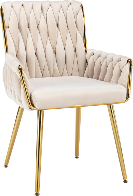 Office Desk Chair No Wheels, Woven Velvet Vanity Chair with Back & Armrest, Comfy Upholstered Cute Gold Metal Legs Makeup Aesthetic Armchair for Girls & Women Bedroom, Nail Spa, Beige