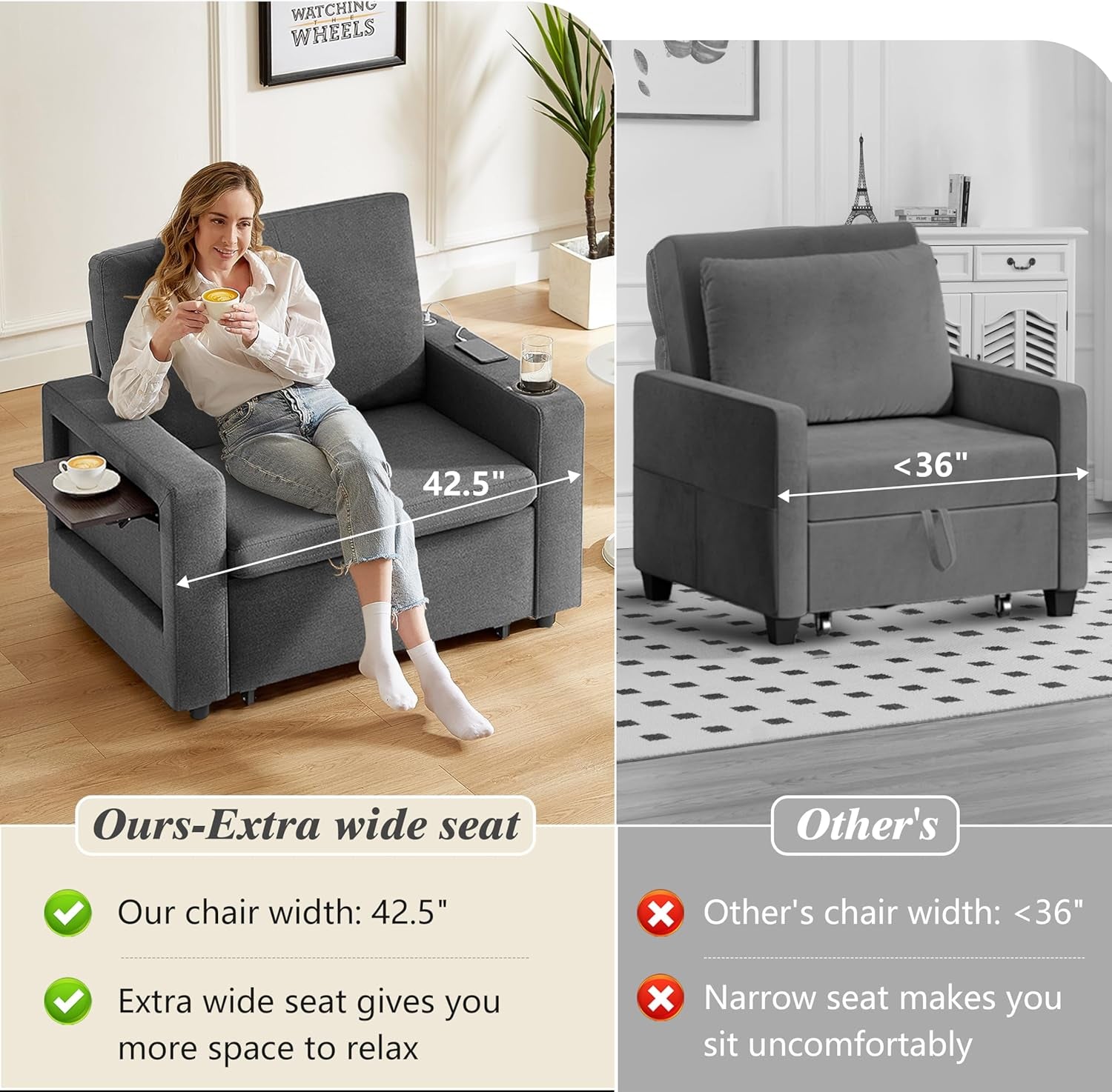 42.5" Sleeper Chair Bed, 3-In-1 Oversized Convertible Sleeper Sofa Chair with Pull Out Bed, Reclining Adjustable Backrest/Usb Ports/Table/Cup Holder, Tool-Free Assembly, Premium Dark Gray