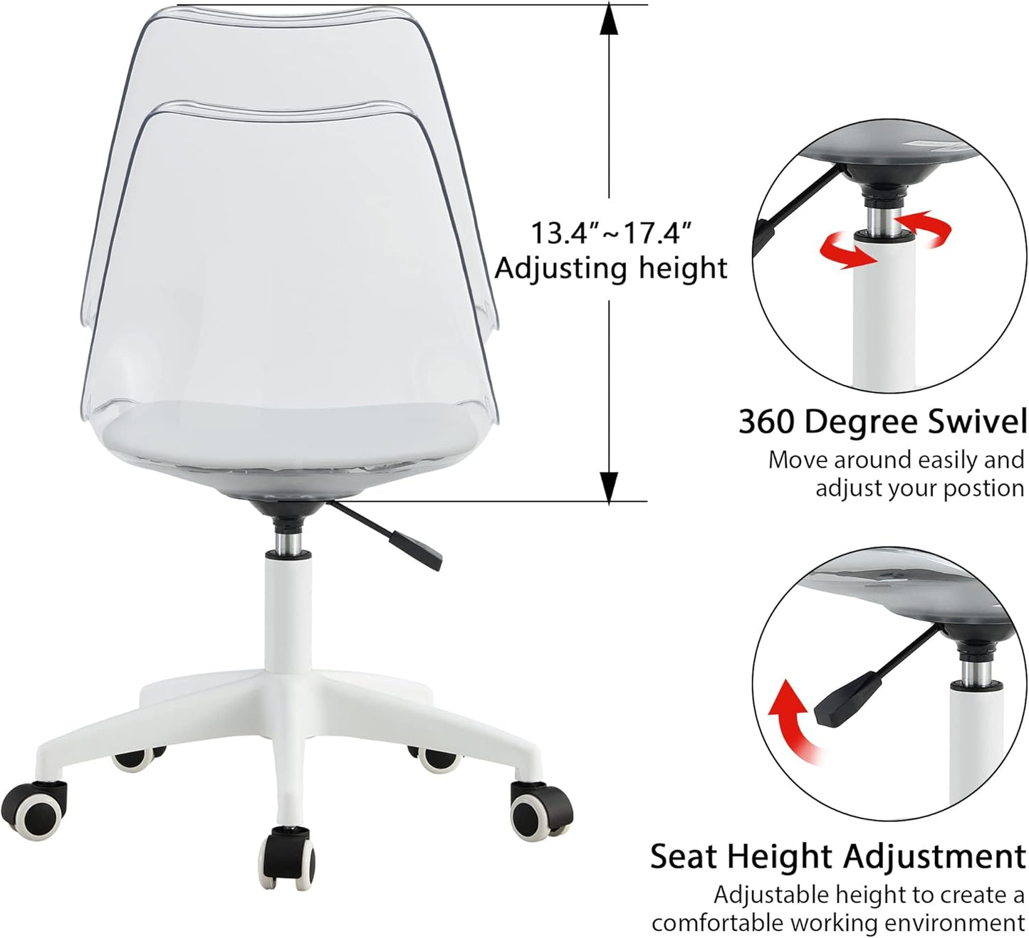 Acrylic Clear Desk Chair Modern Home Office Ghost Chairs with Wheels Cute Armless Rolling Vanity Plastic Chair with Adjustable Height (Clear)